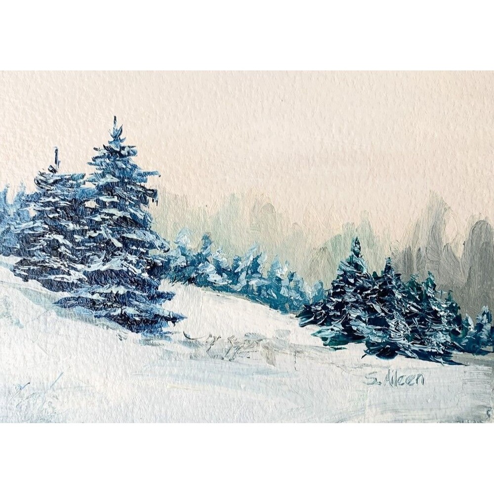 5x7 Original Oil Landscape Painting Snowy Winter Forest Pines Nature Art Signed